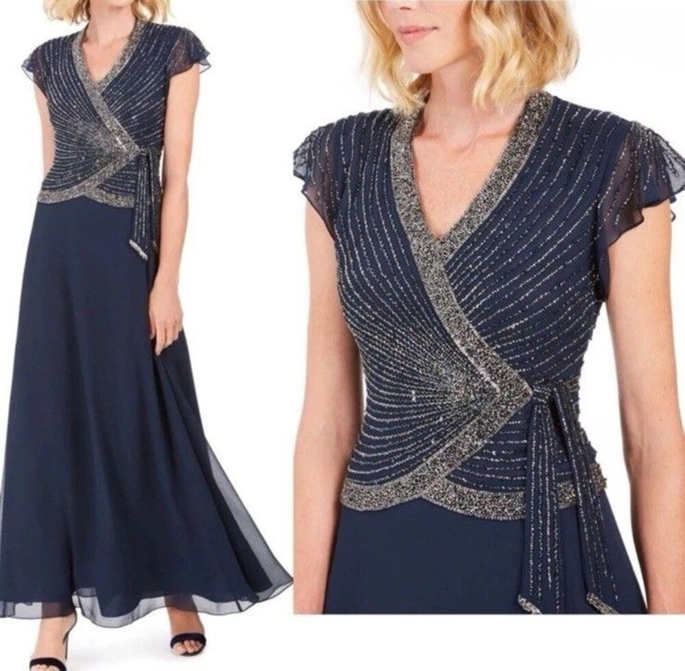 JKara Navy Cap Sleeve V-Neck Faux Wrap Flapper Beaded Chiffon Formal Dress 14